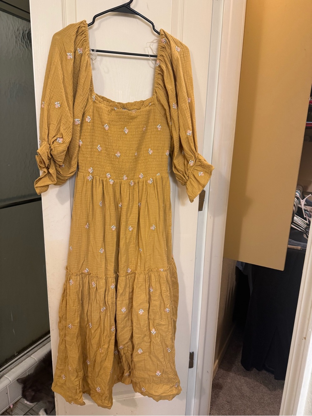 Smocked Mustard Yellow Midi Dress with Puff Sleeves